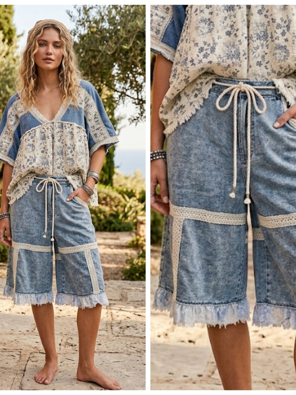 Boho Denim Patchwork Shorts Set in Blue and Cream